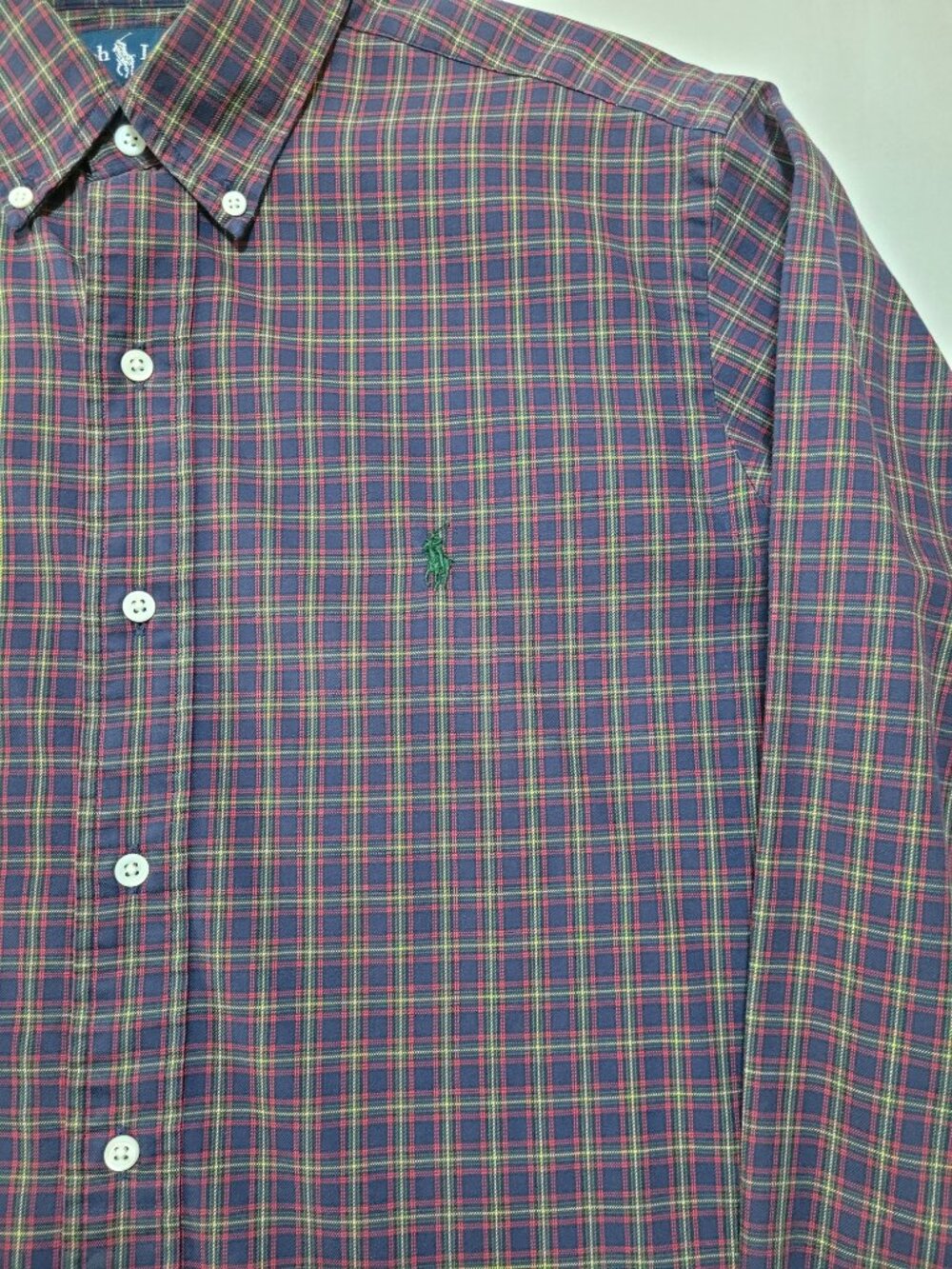 Ralph Lauren Classic Fit Button Down Shirt Navy Red Green Plaid Cotton Medium - Picture 3 of 8